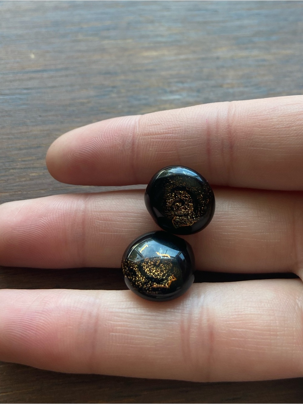 Black Glass Earrings with Gold Fleck Accents Studs, Party, Basic